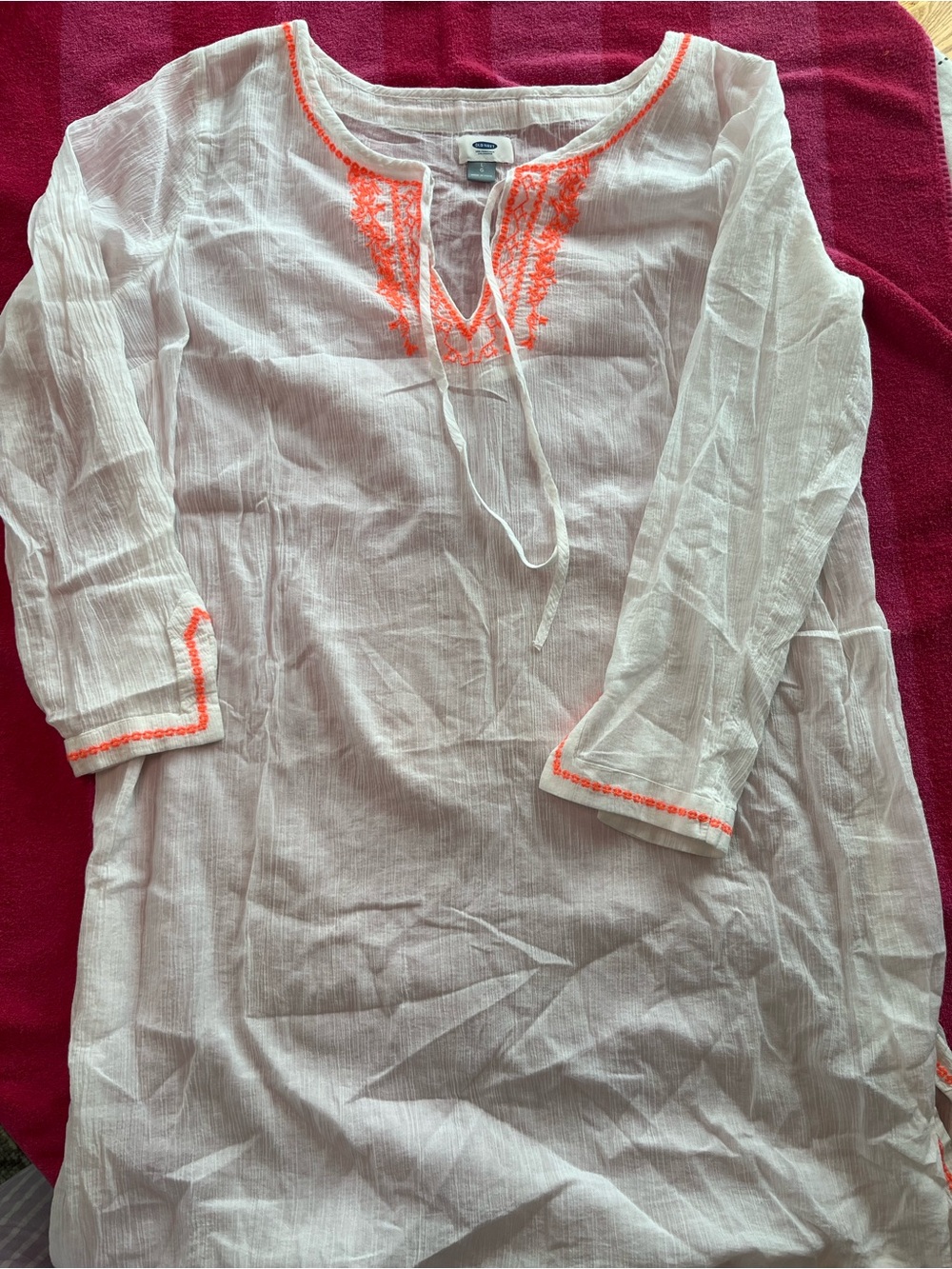 Old Navy White Swim Coverup with Neon Orange Embroidery